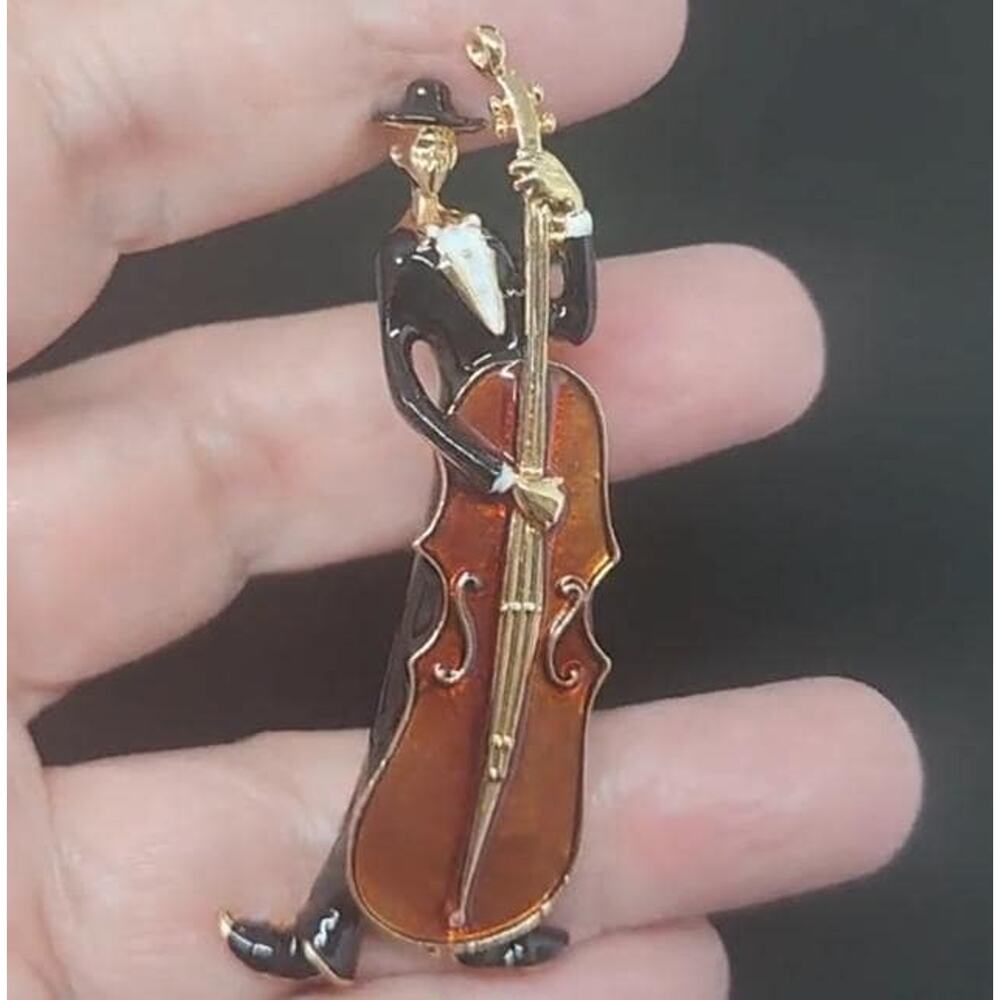 Cellist Brooch Cello Musician Music Classical Jazz Enamel on Gold Tone Metal